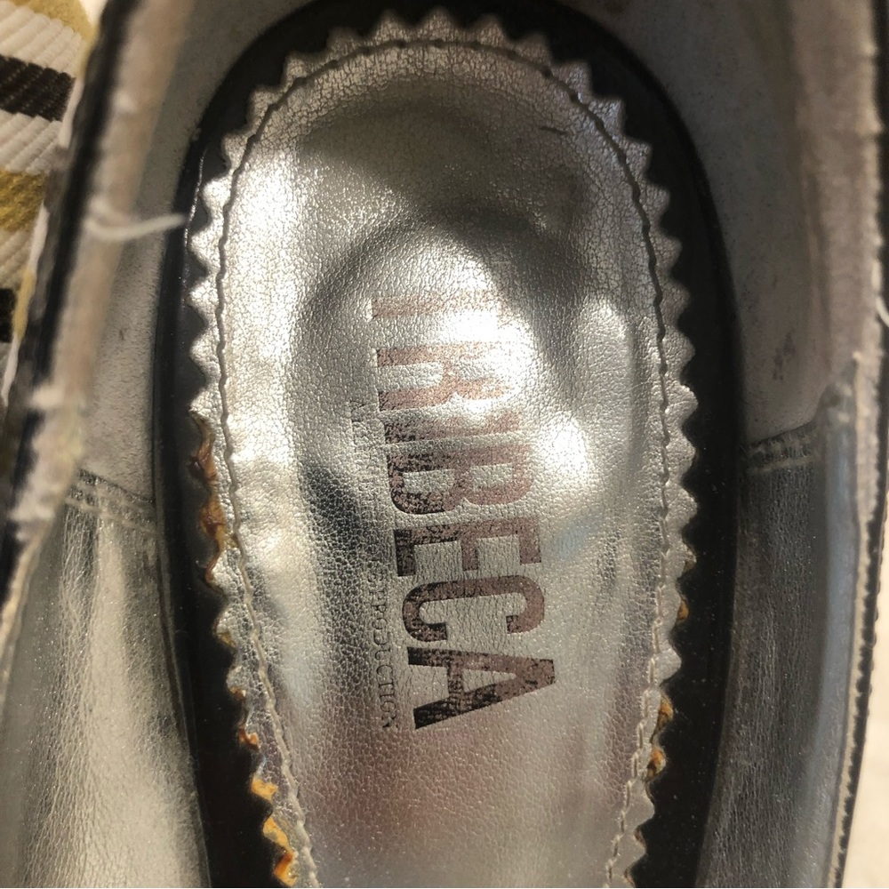 Tribeca peep-toe pumps, large rhinestone bling, white, gold, brown stripes, Sz 7 - Picture 7 of 13